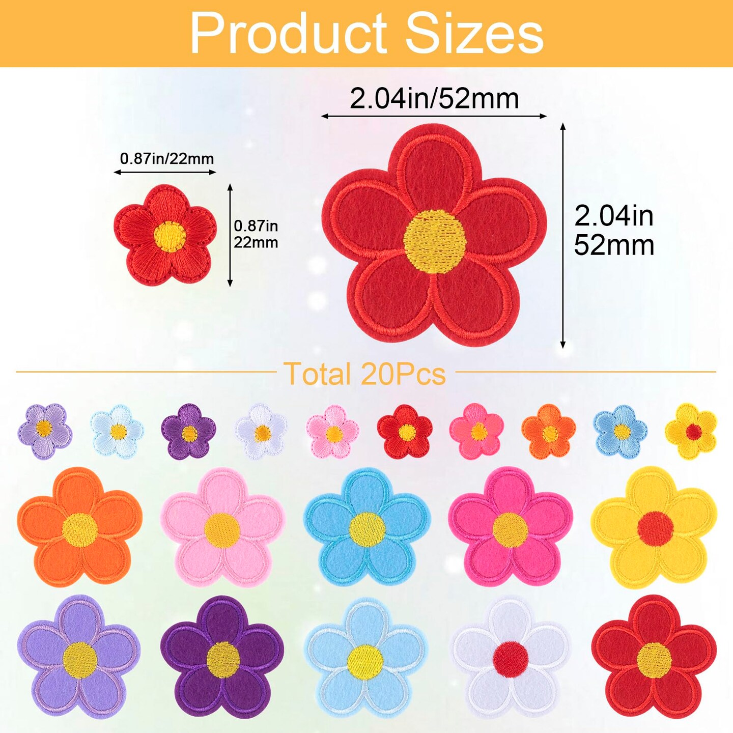 20 Pieces Cute Flower Iron on Patches, 5 Petals Flower Applique Patch, Small Sew On Embroidered Applique Sewing Patches for Backpacks, Bags, Jackets, Jeans, Clothes (2 Sizes, 20 Colors)