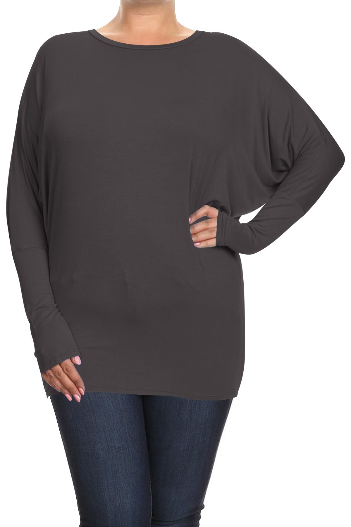 Plus Solid Jersey Knit Dolman Top Long Sleeves | RADYAN®, Size: Xl