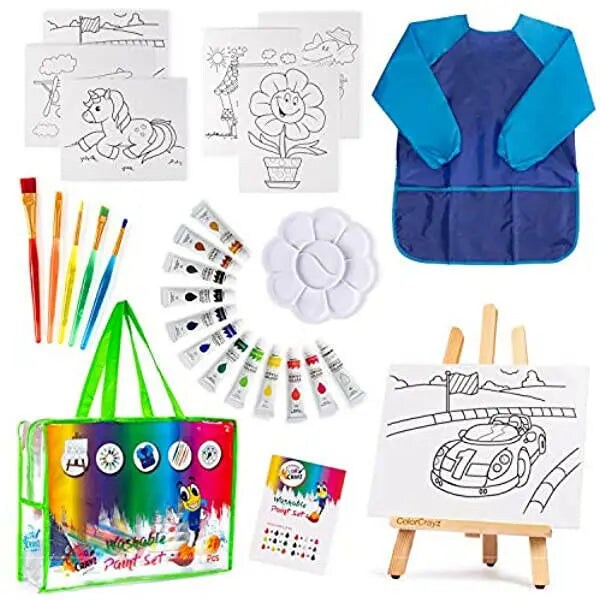 Paint Set for Kids - 27 Piece Art Gift Sets Non-Toxic,Washable Paint, Canvases, paint Brushes, Easel, Smock