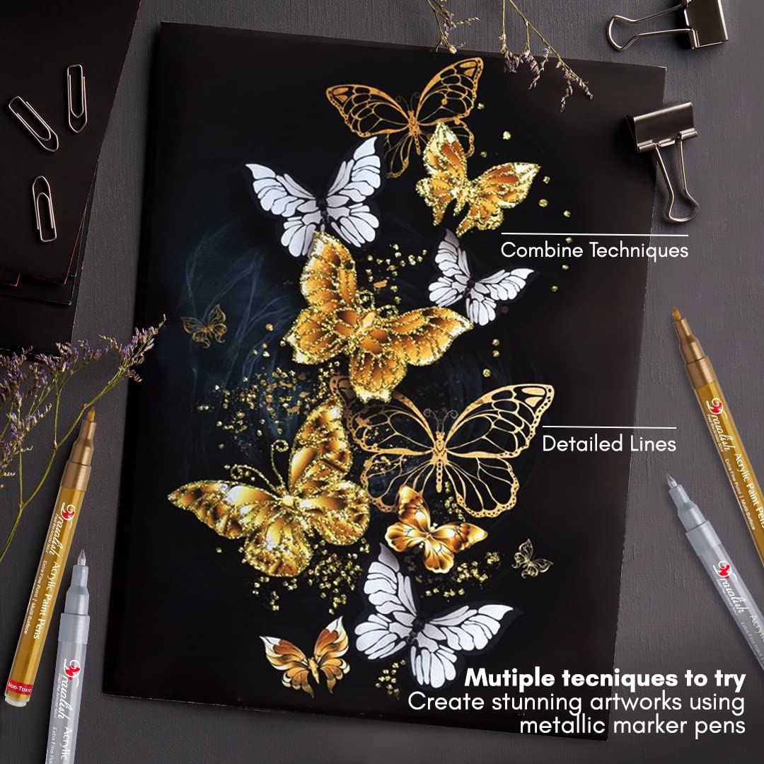 Acrylic Paint Pens - Permanent Markers 2 Gold Pens &#x26; 2 Silver Paint Marker Pens Set of 4 Acrylic Pens 0.7mm Extra Fine Tip - Ideal for Rock Painting, Fabric, Glass, Wood, Canvas, Ceramic, Porcelain