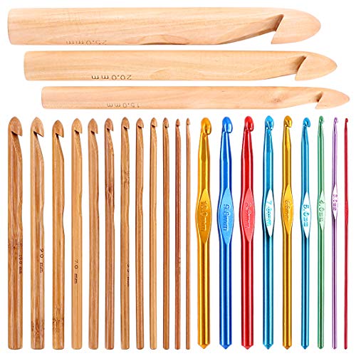 24 Pieces Crochet Hooks Set, 15Pcs 3 to 25 mm Wooden Bamboo Crochet Needle Knitting Hooks with 9Pcs 2 to 10 mm Aluminum 2-10 mm Handle Crochet Hooks for Sweater Hat Scarve Glove Knitted Weaving