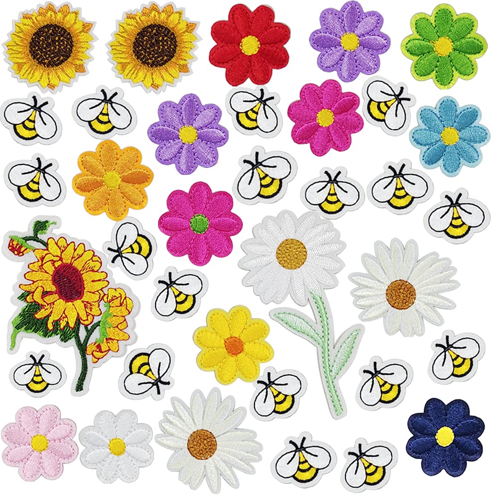 Embroidered Flowers Bee Iron on Patches 36pcs Cute Bumble Sunflower Daisy Patch for Clothing Sew on Embroidered Applique Decoration Sewing Patches for Bags Jackets Jeans Clothes DIY Patches