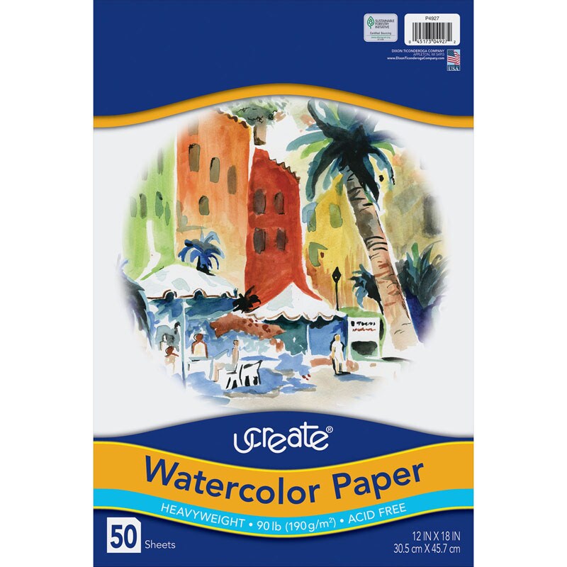 Watercolor Paper, White, 90lb., 12&#x22; x 18&#x22;, 50 Sheets