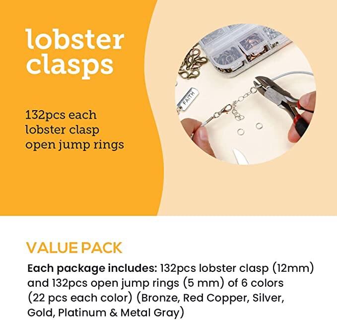 Incraftables Lobster Clasps for Jewelry Making (6 Colors) with Open Jump Rings. Small Necklace &#x26; Bracelet Lobster Claw Clasp Clips and Closures (12 mm) (Bronze, Copper, Silver, Gold, Platinum &#x26; Gray)