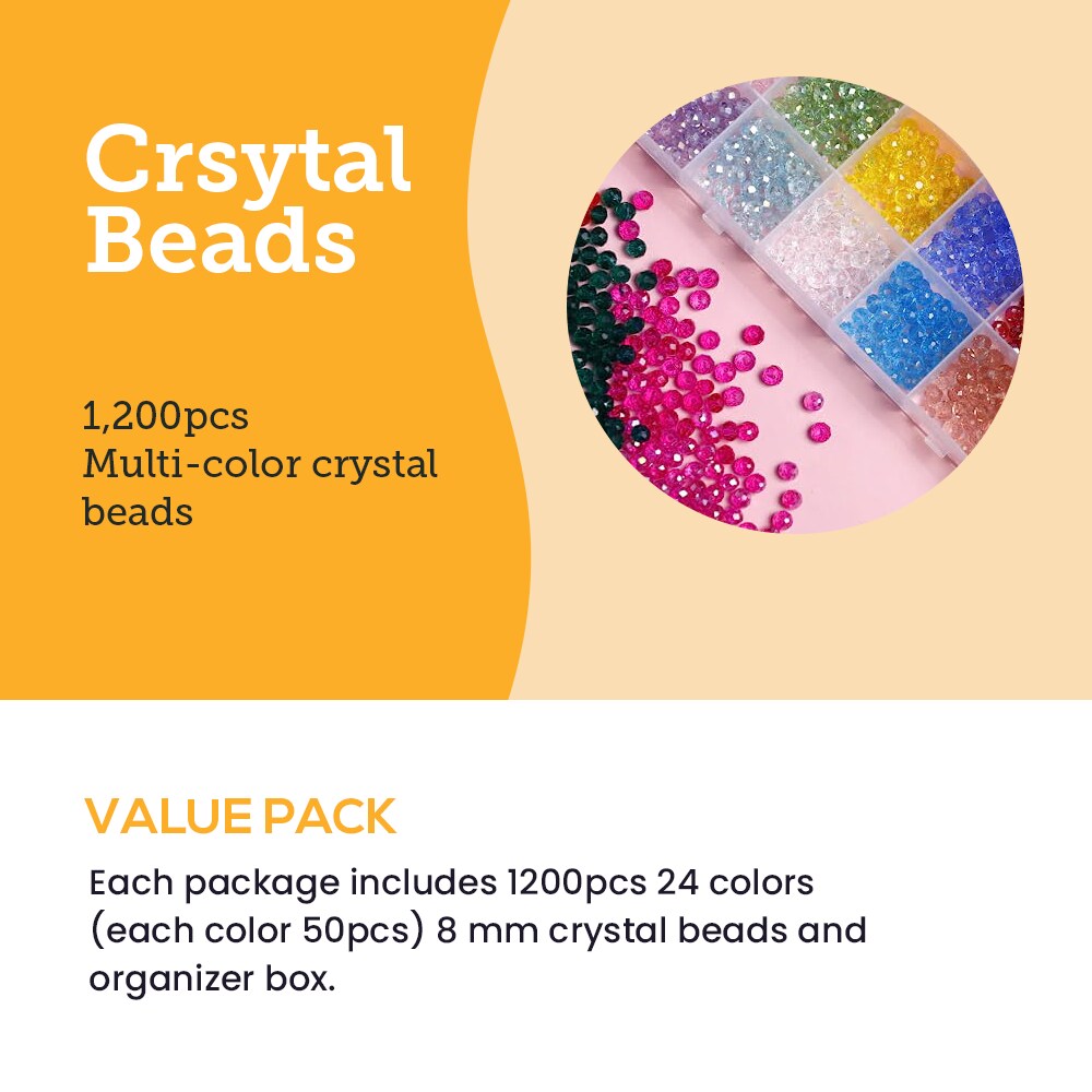Incraftables Crystal Glass Beads 24 Colors 1200pcs Kit for Jewelry Making, Hair Accessories, &#x26; DIY Bracelets. Large 6mm Briolette Rondelle Assorted Crafting Bead with Elastic String for Kids &#x26; Adults
