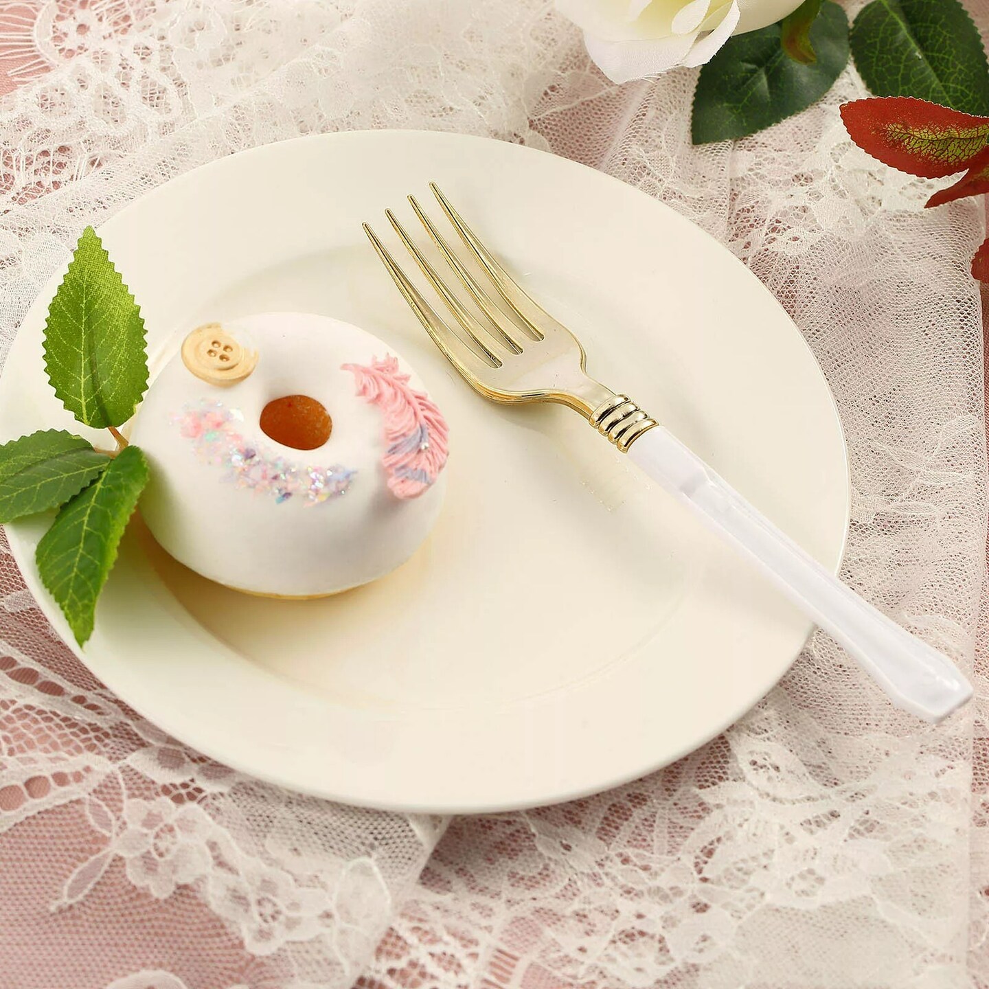 24 pcs 7" Metallic Gold Forks White Handle Wedding Party Disposable Tableware