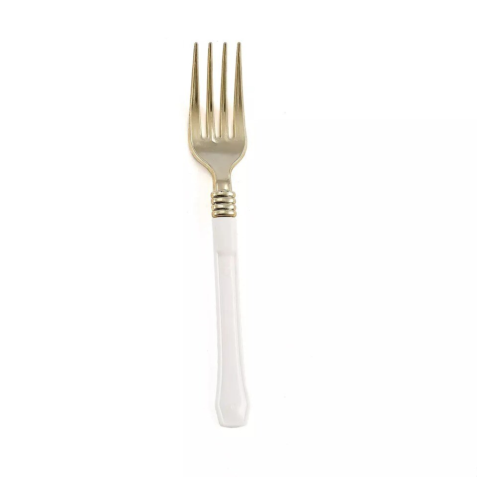 24 pcs 7&#x22; Metallic Gold Forks White Handle Wedding Party Disposable Tableware