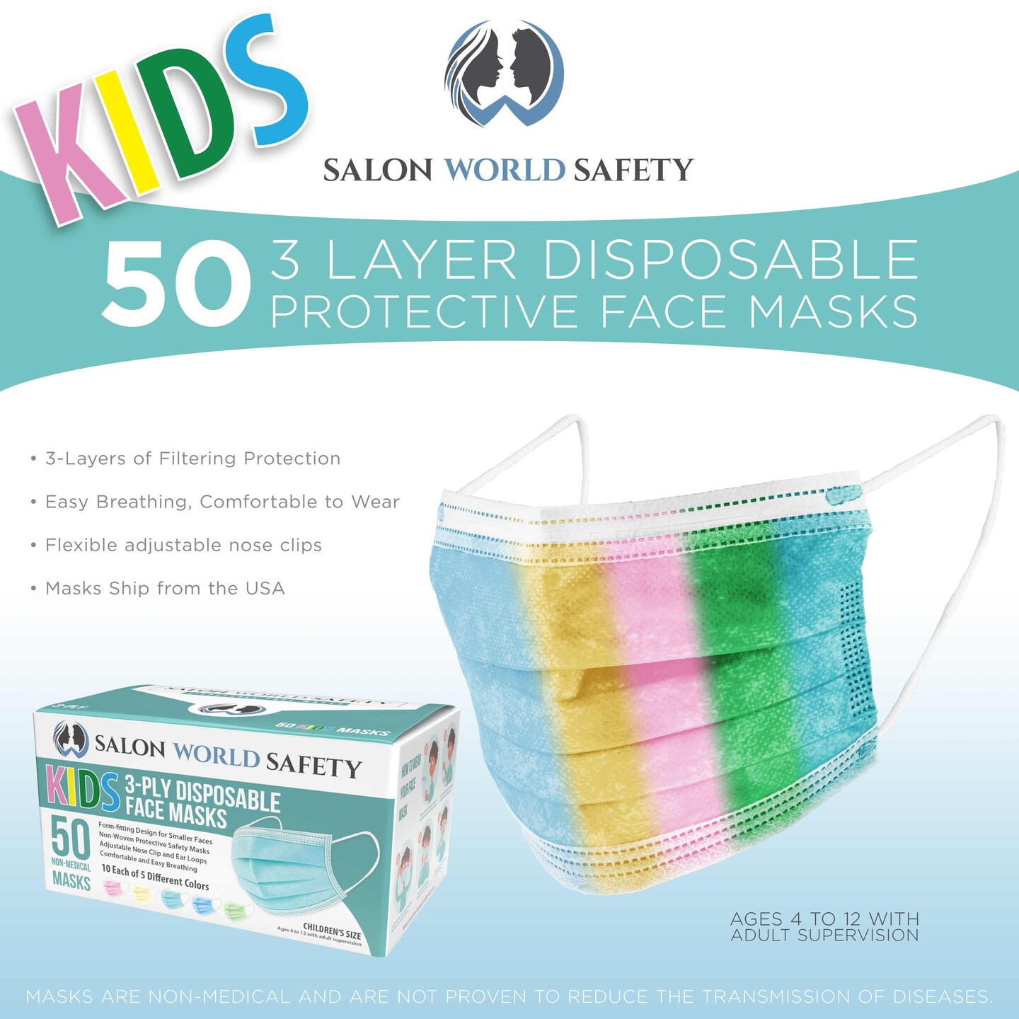 Salon World Safety Kids Masks (Sealed Dispenser Box of 50) - 5 Colors, 10 Each - 3 Layer Disposable Protective Children&#x27;s Face Masks 3-Ply Fabric