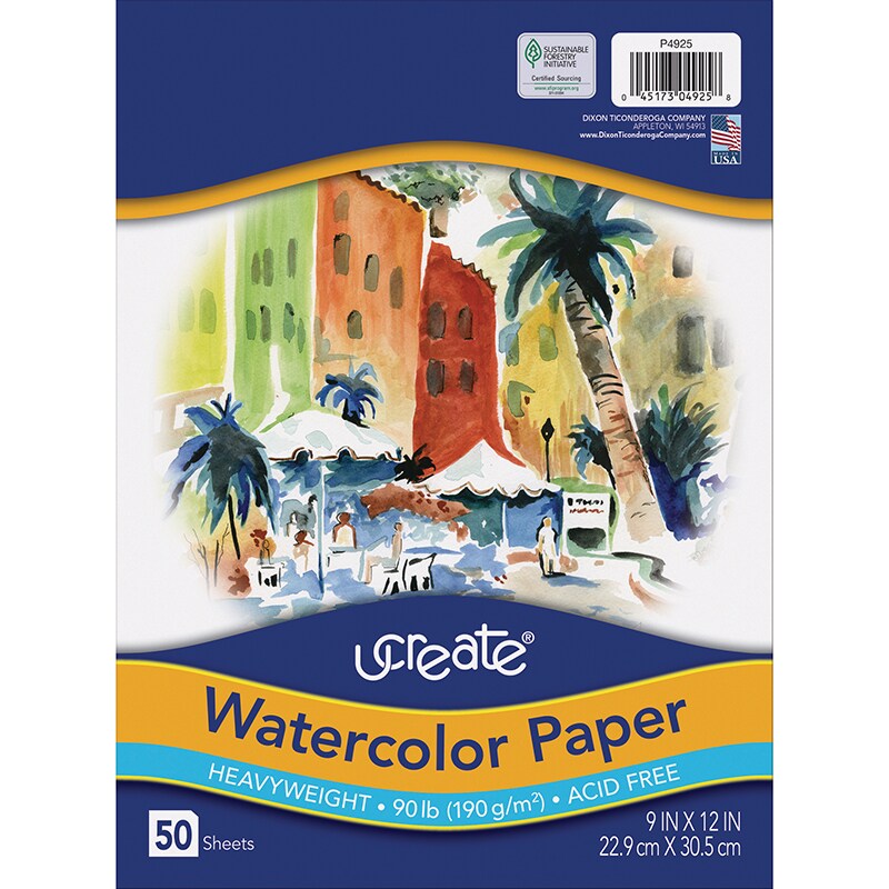 Watercolor Paper, White, 90lb., 9&#x22; x 12&#x22;, 50 Sheets