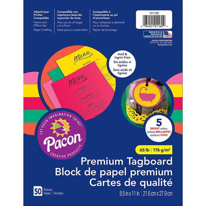 Premium Tagboard, 5 Assorted Bright Colors, 8-1/2&#x22; x 11&#x22;, 50 Sheets