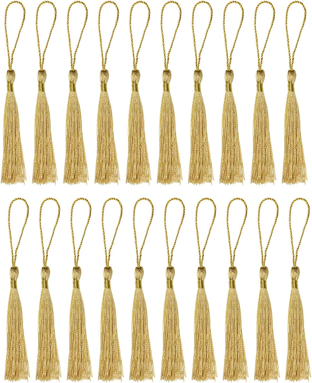 Mini Silky Handmade Soft Flossy Bookmark Tassels with Cord Loop for Keychain Earring Jewelry Making, Souvenir, Graduation, Clothing Sewing, Gift Tag DIY Craft Projects, 20PCS (Light Gold)