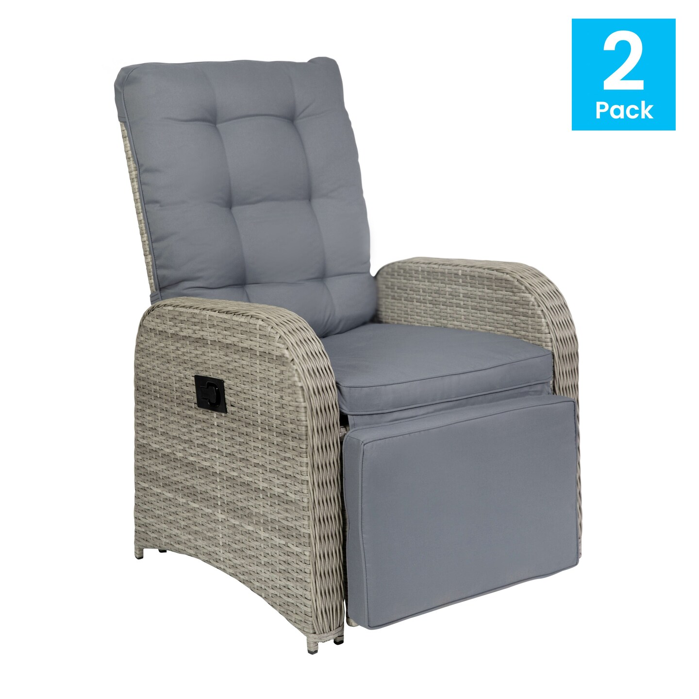 Merrick Lane Selci Set of 2 Modern Style Patio Wicker Rattan Indoor/Outdoor Recliner Lounge Chairs with Side Tables and Adjustable Backs