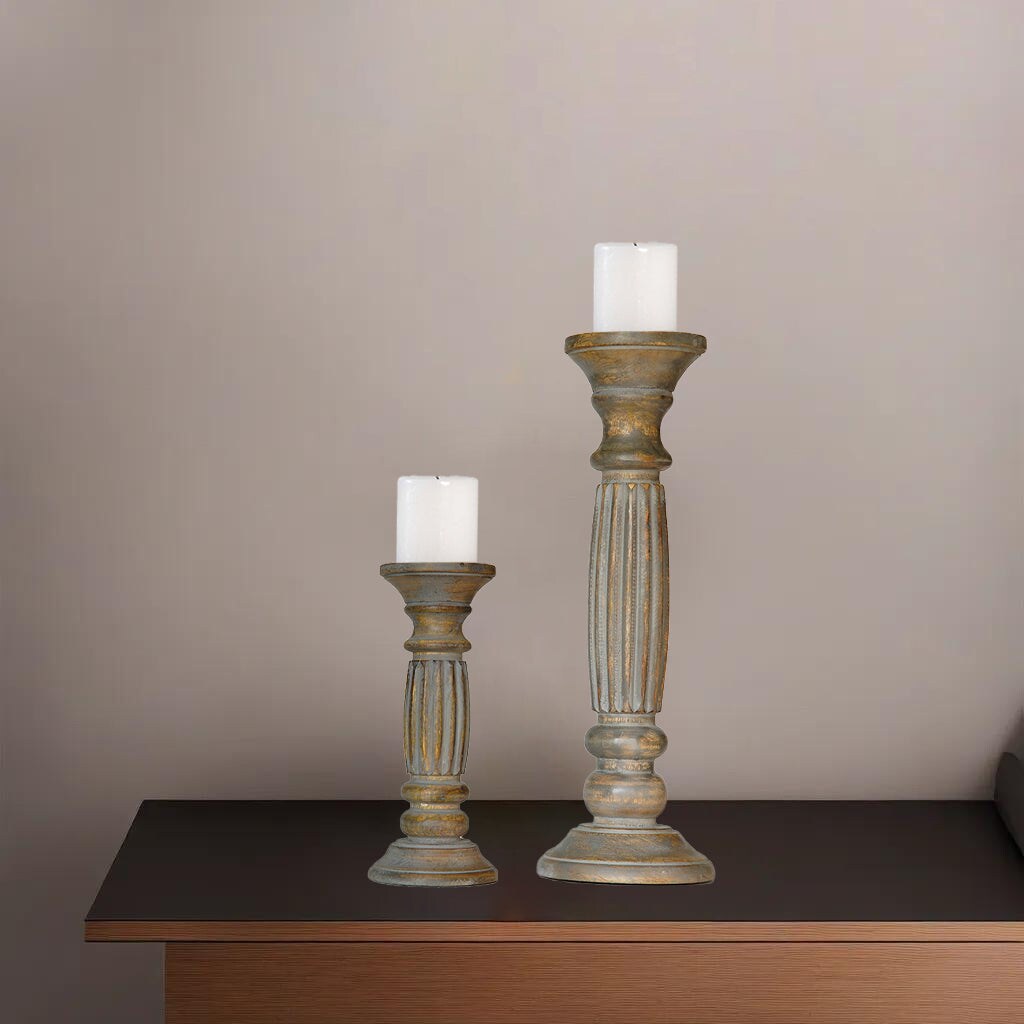 Gray Wash Handmade Mango Wood Candle Holder Set Of 2 Eco-Friendly Pillar Holders