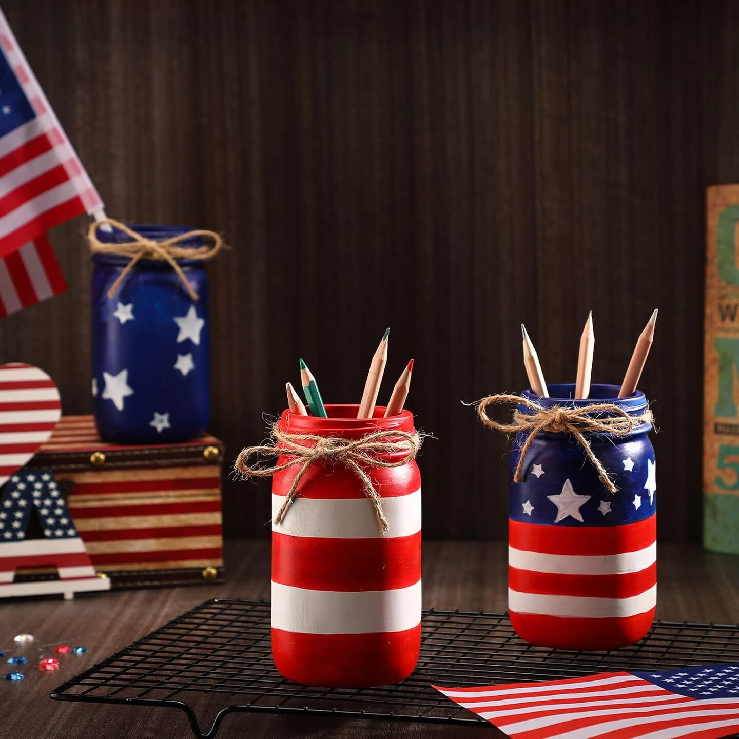 6 Pcs American Flag Mason Jars