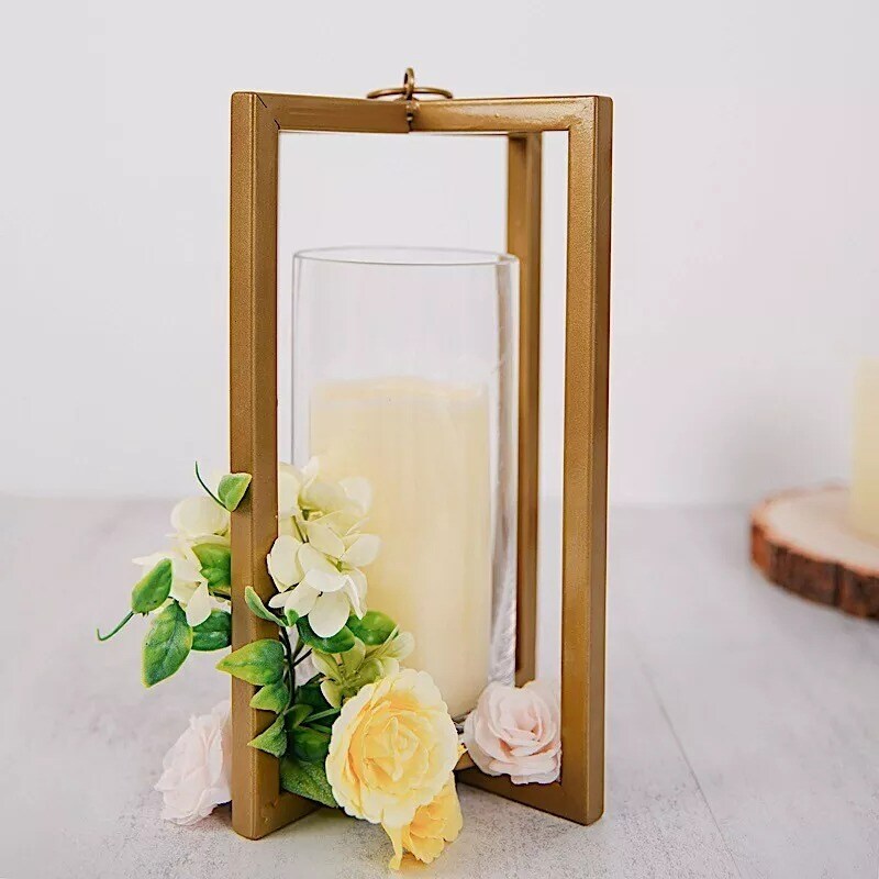 GOLD 11&#x22; Geometric Metal Cross Bar Lantern with Glass CANDLE HOLDER Party Event