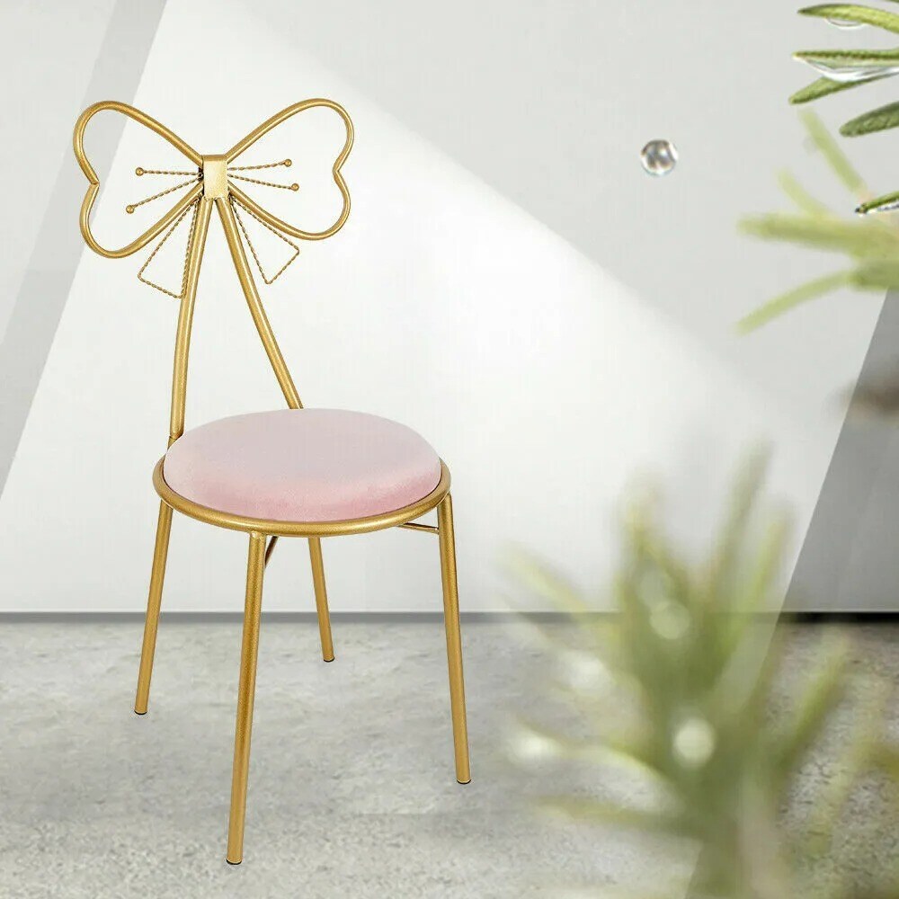 Butterfly Bow-Knot Vanity Chair Pink Velvet Gold Barstool Chair Makeup Leisure