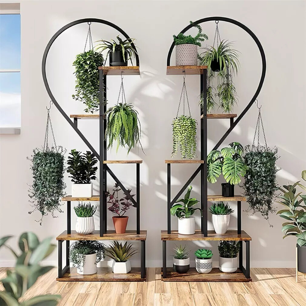 2 Pack Large Plant Stand Heart Shaped Ladder Planter Pot Display Shelf w/ Hooks