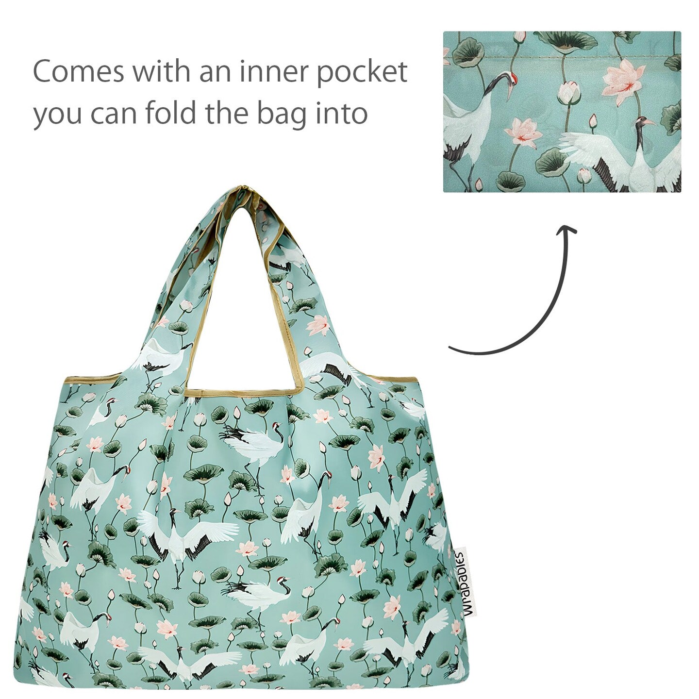 Wrapables Large & Small Foldable Tote Nylon Reusable Grocery Bags, Set of 2, Lotus Cranes