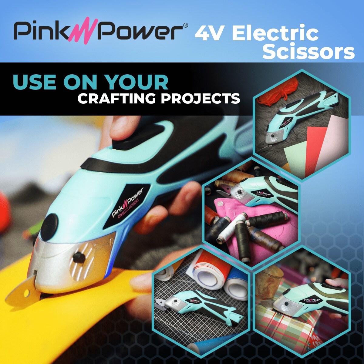 Pink Power 4V Aqua Splash Cordless Electric Rechargeable Fabric Scissors w/ Pink Rotary Cutter