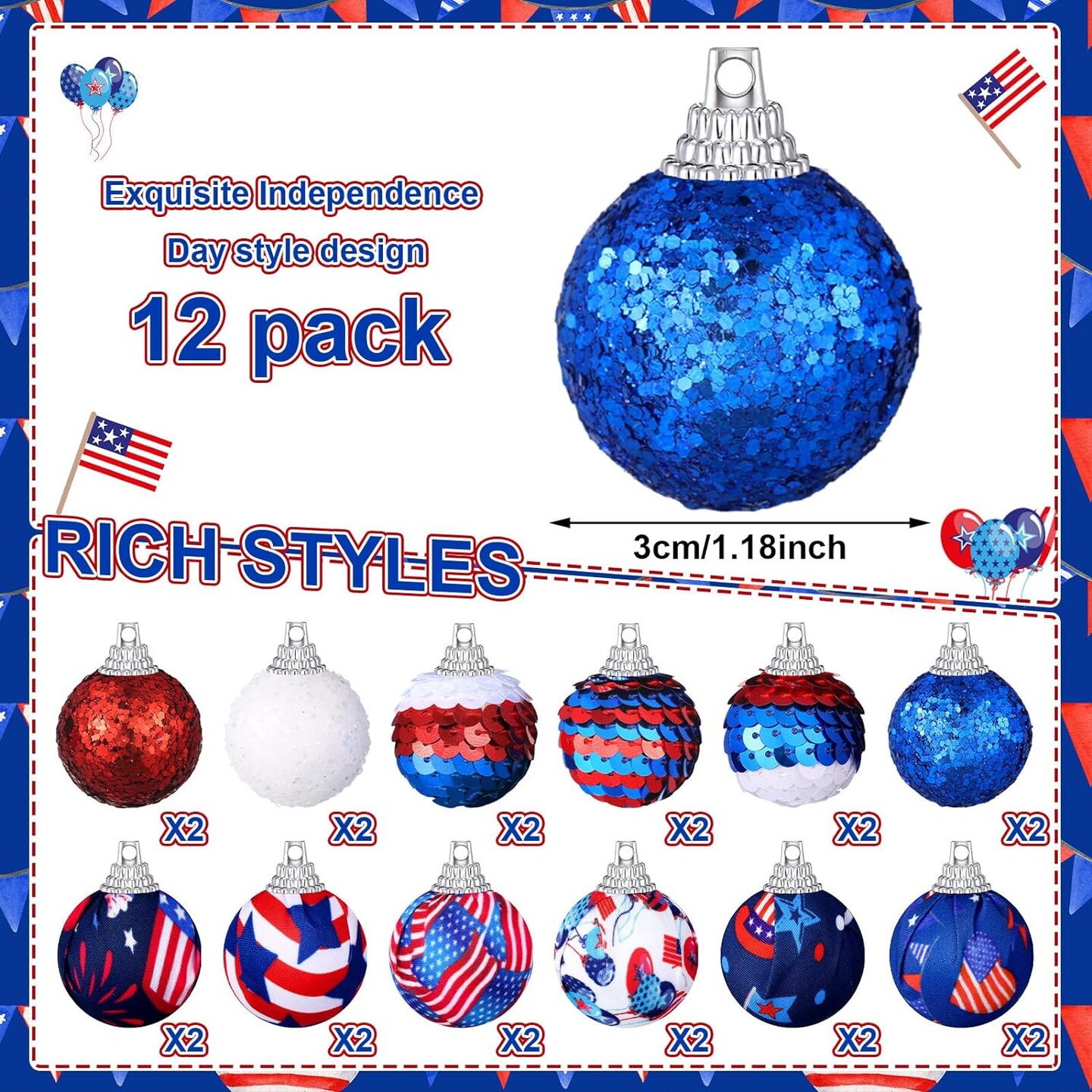 24 Pieces 4th of July Ball Ornament Patriotic Decoration for Tree Independence Day Tree Ornaments.