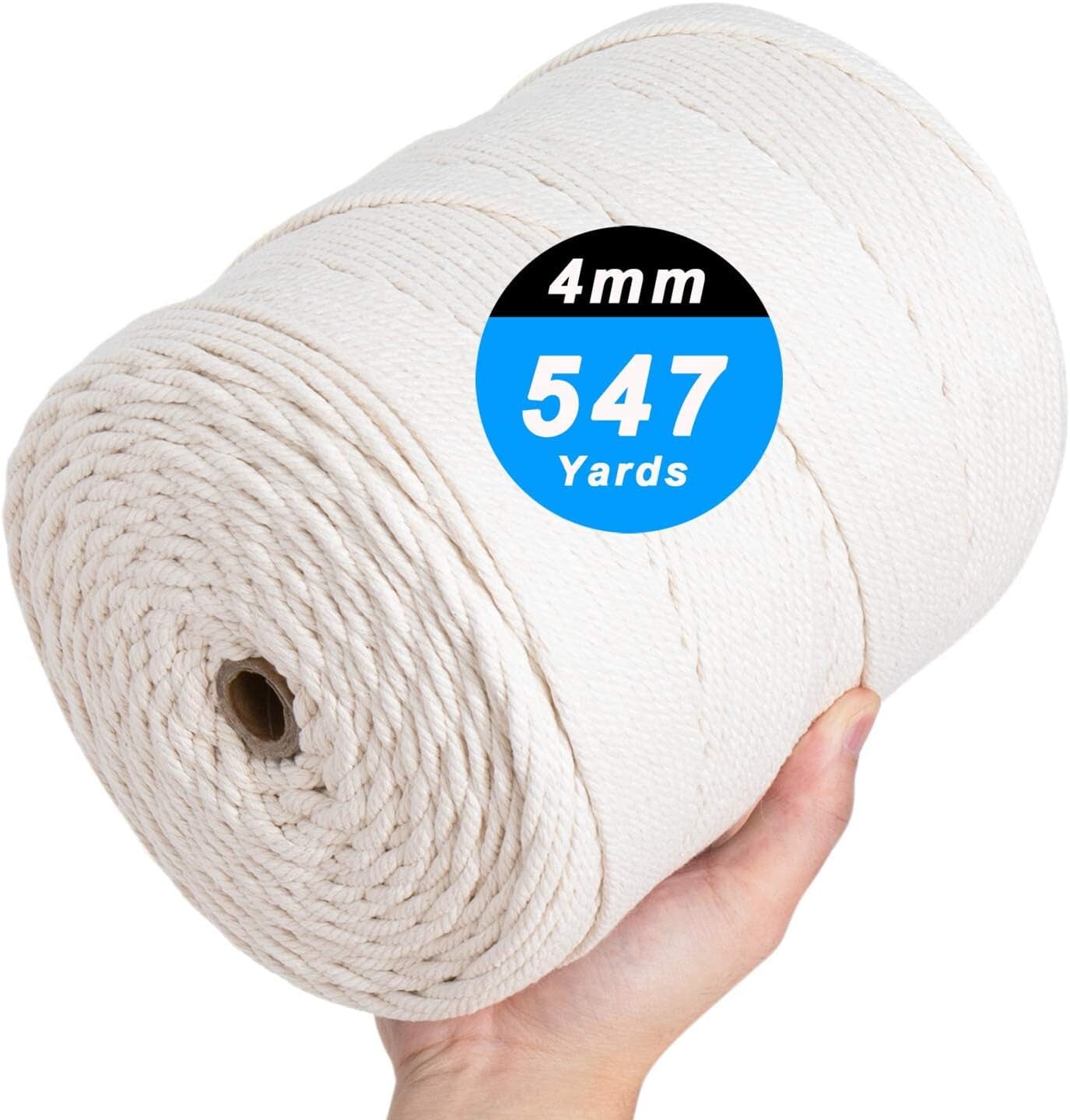 Macrame Cord 4Mm X 547Yards, Natural Cotton Macrame Rope - 4 Strands Twisted Macrame Cotton Cord for Wall Hanging, Plant Hangers, Crafts, Gift Wrapping and Wedding Decorations&#xFF08;4Mmx500M&#xFF09;