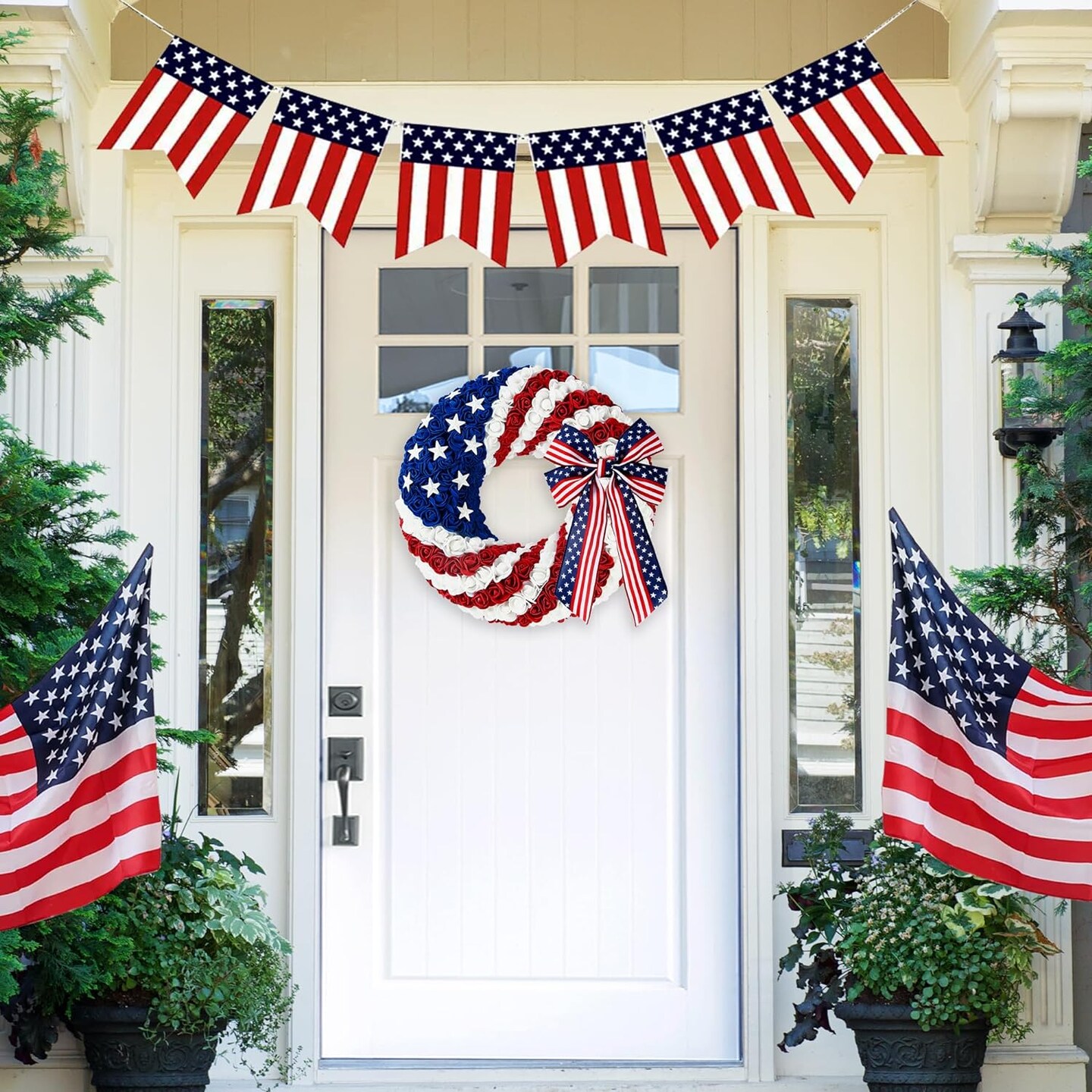 14Inch 4th of July Patriotic Day Wreath Artificial Roses Wreath for Front Door