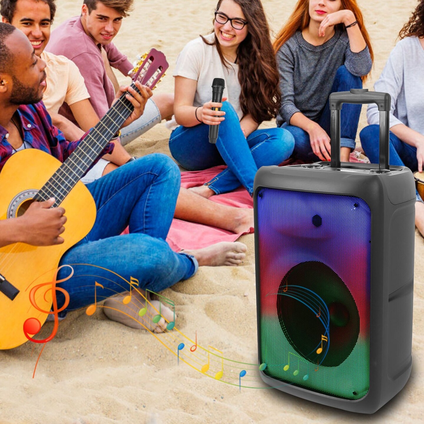 Portable Wireless Party Speaker with 5 Colorful Lighting Modes - Trolley Handle 2 Wheels Remote Control