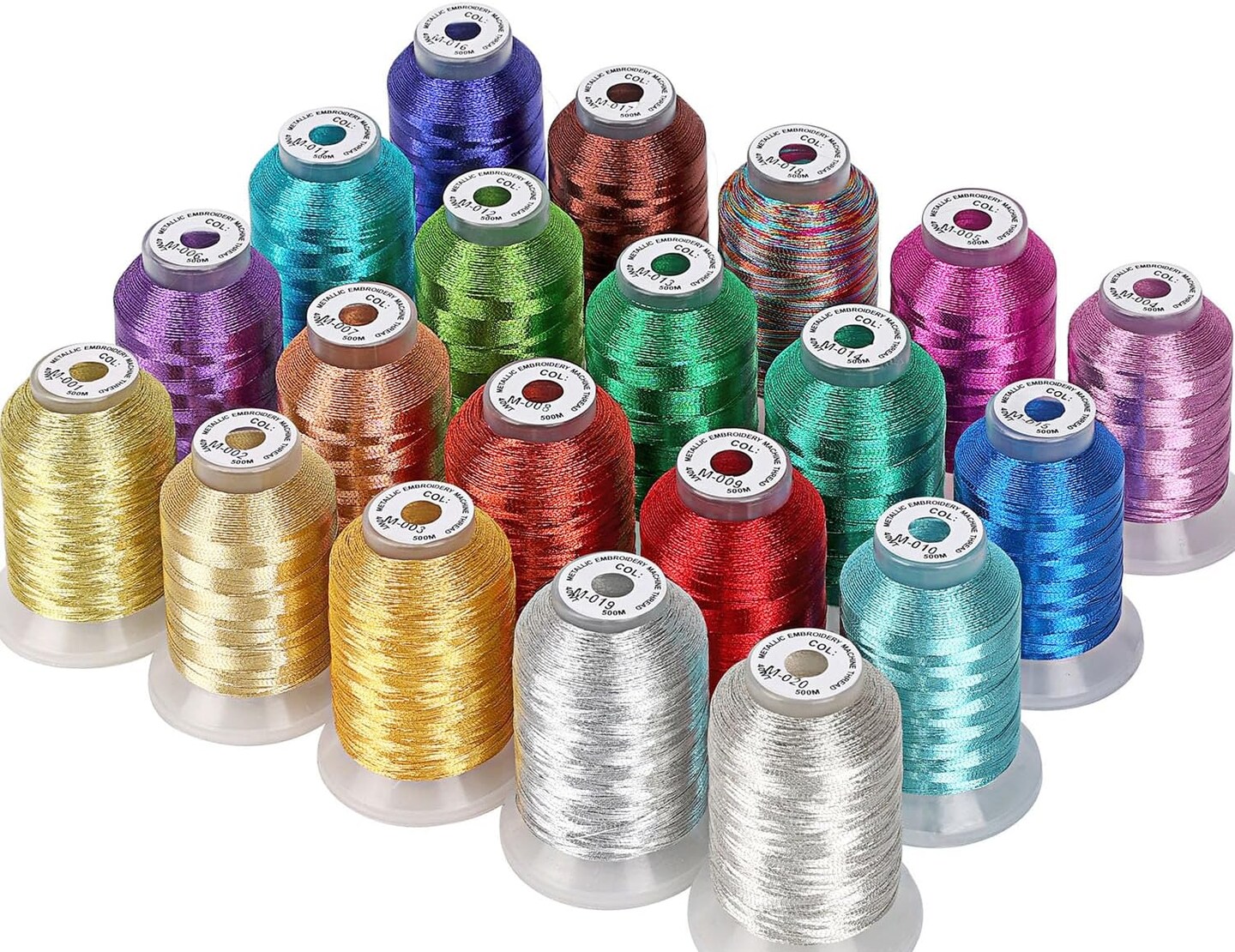 20 Assorted Colors Metallic Embroidery Machine Thread Kit 500M (550Y) Each Spool for Computerized Embroidery and Decorative Sewing