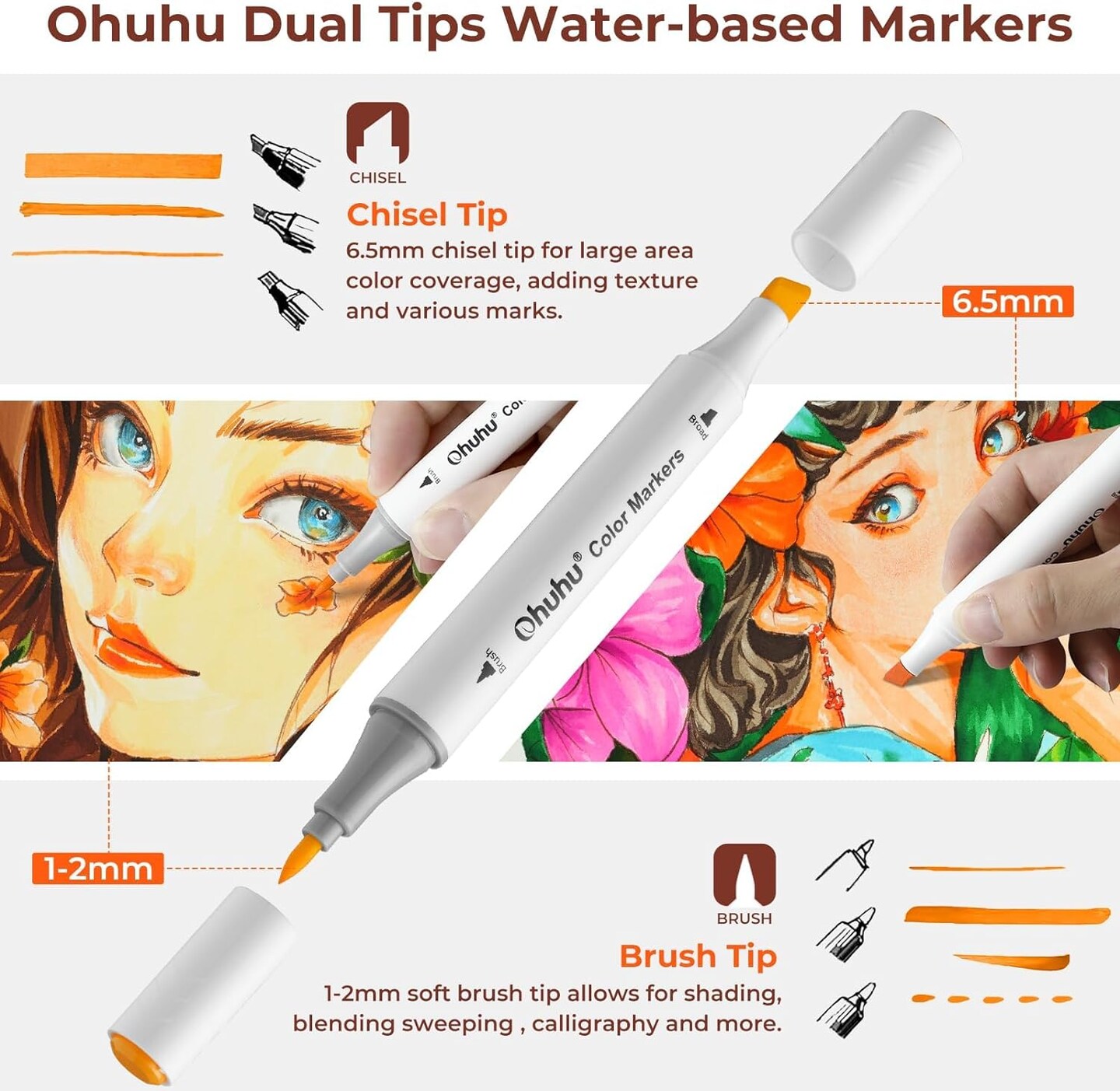 Ohuhu Water Based Markers for Adult Coloring Books No Bleeding Water-based Coloring Markers Dual Tips Chisel &#x26; Brush Drawing Pens Art Markers for Kids Adults Beginners Lettering Journaling (60 Colors)