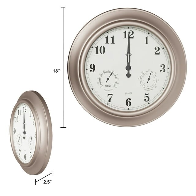 Villacera Indoor Outdoor Wall Clock Thermometer Hygrometer &#xC2;&#x2013; 18&#xC2;&#x27; Silver