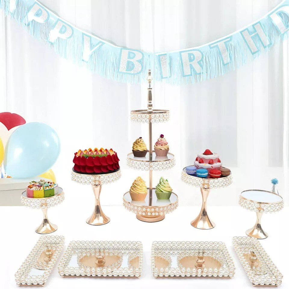 9pack Golden Cake Stand Tray 3-layer Tower Stand With Base Wedding Party Mirror