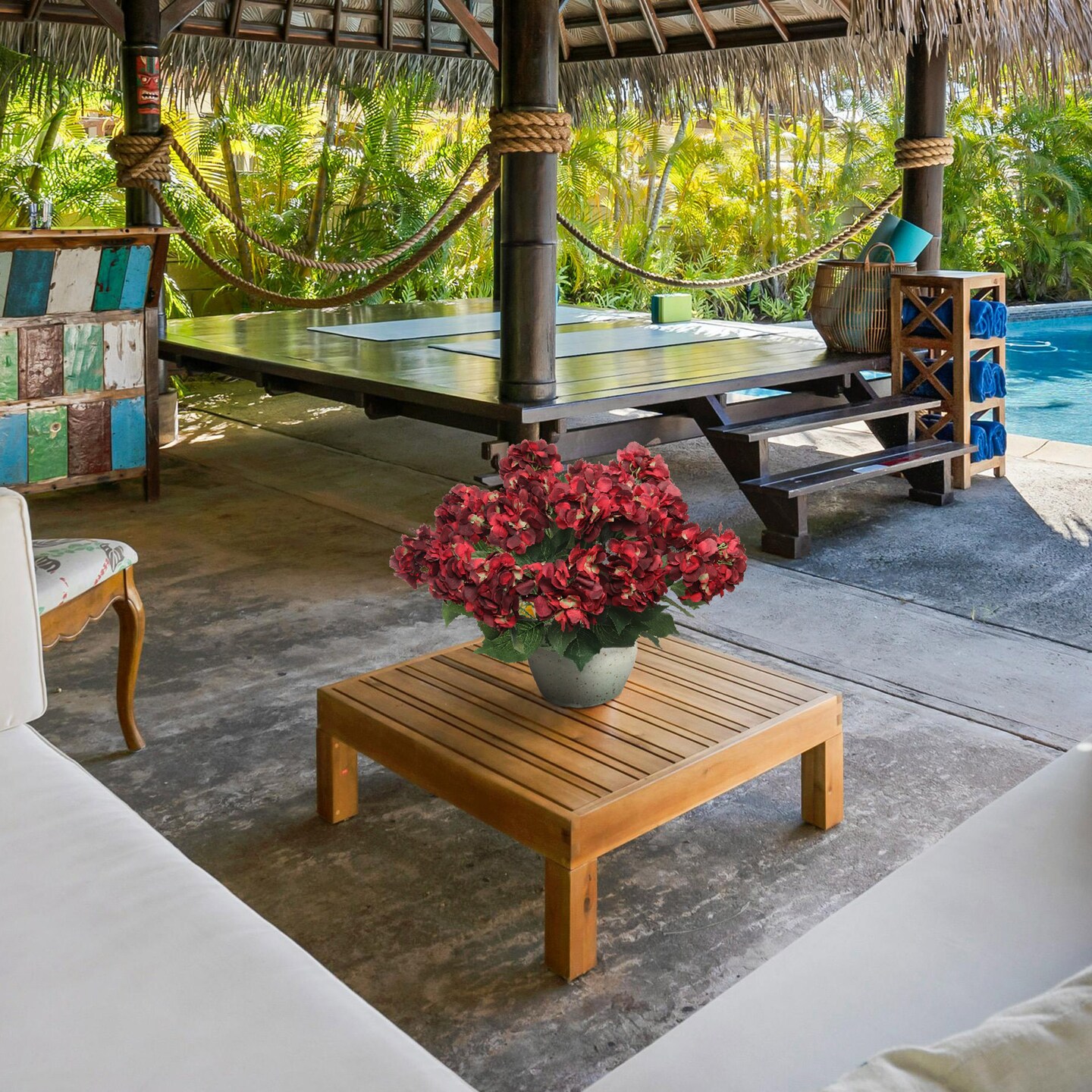 21" Burgundy Hydrangea Bush 5 Silk Heads Faux Floral for Indoor/Outdoor Home & Event Decor