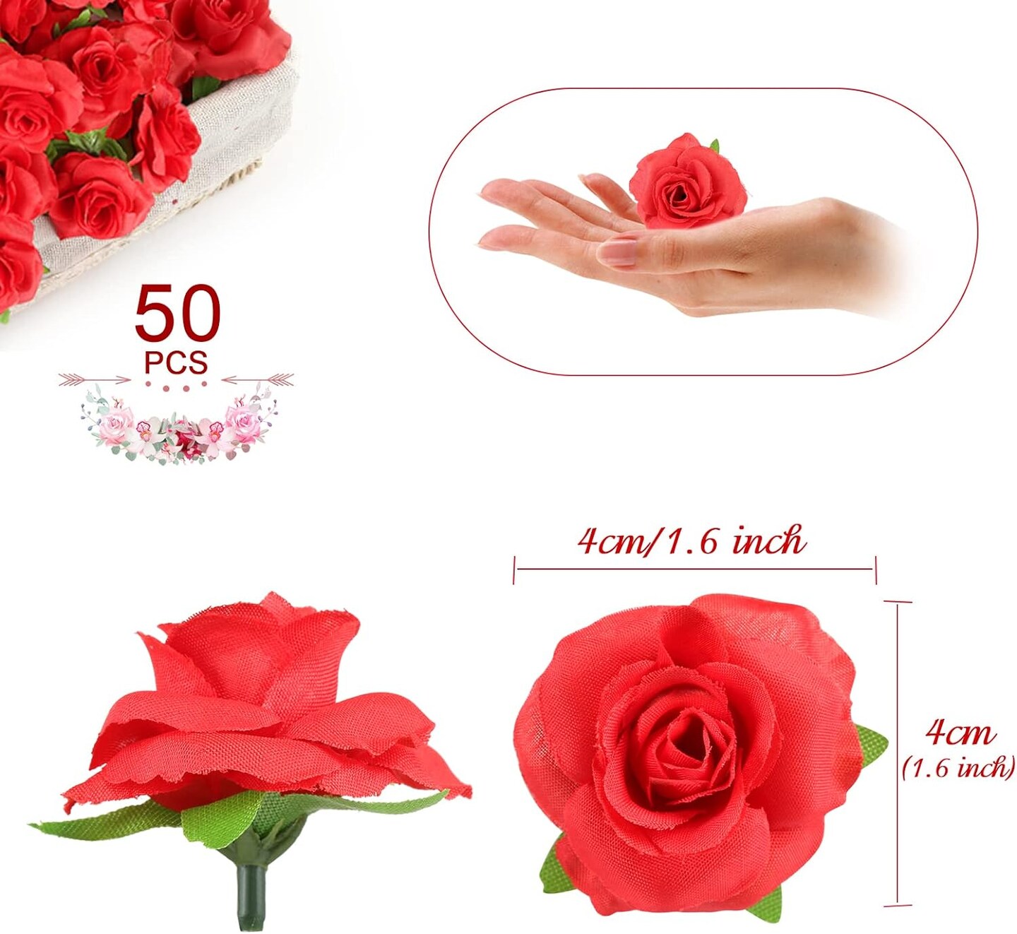 50-Pieces 1.6&#x22; Artificial Flower Heads Silk Roses