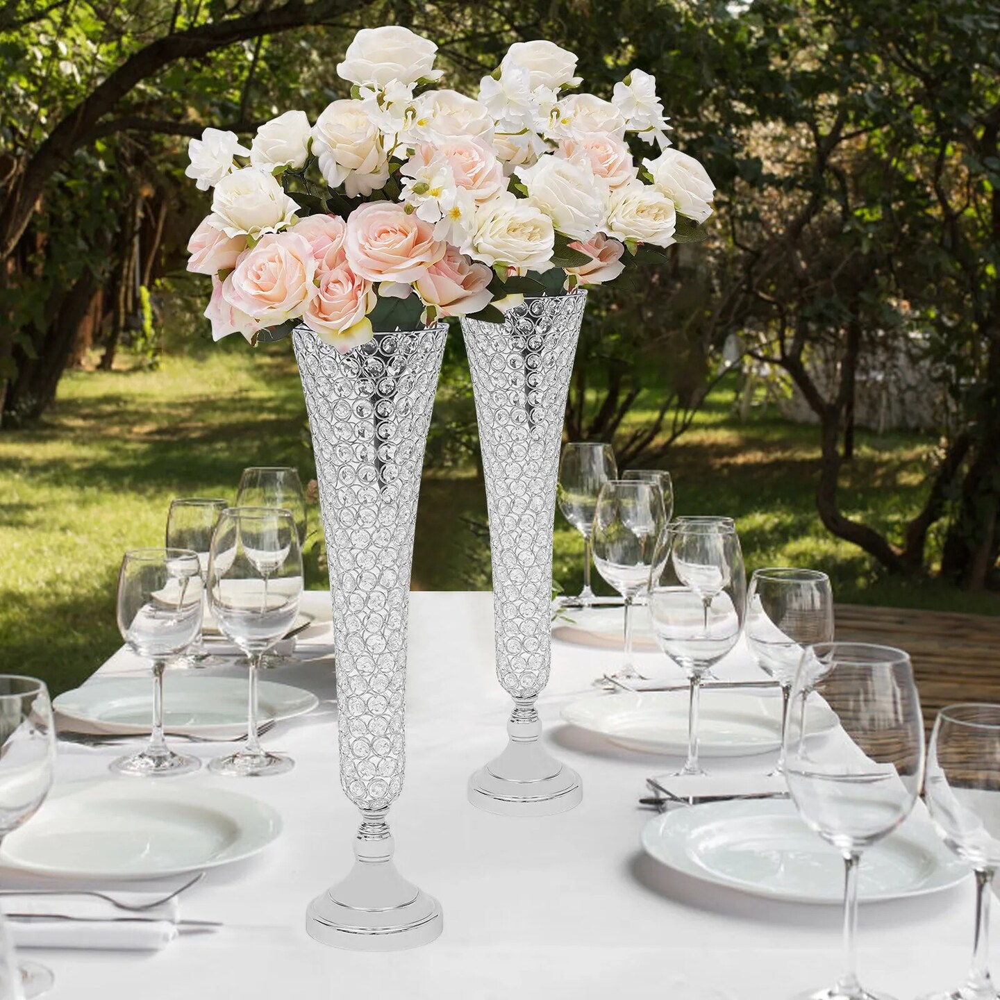 2 Pc Modern Crystal Trumpet Flower Silver Stand Crystal Vase For Wedding Decor