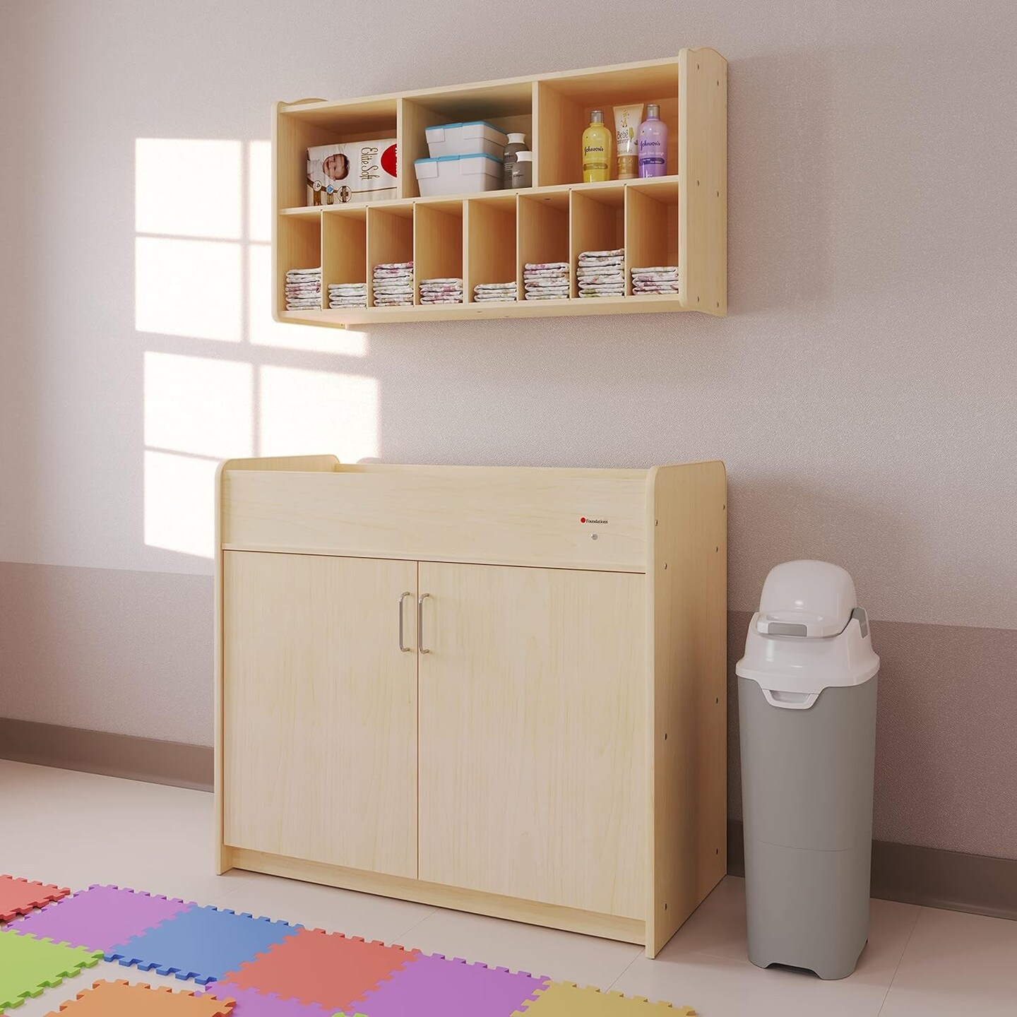 Safetycraft Daycare Changing Table - Durable Wood Cabinet with 2 Built-In Shelves - Storage W/Soft Close Hinges, Includes 1&#x22; Durable Mattress Pad - Natural