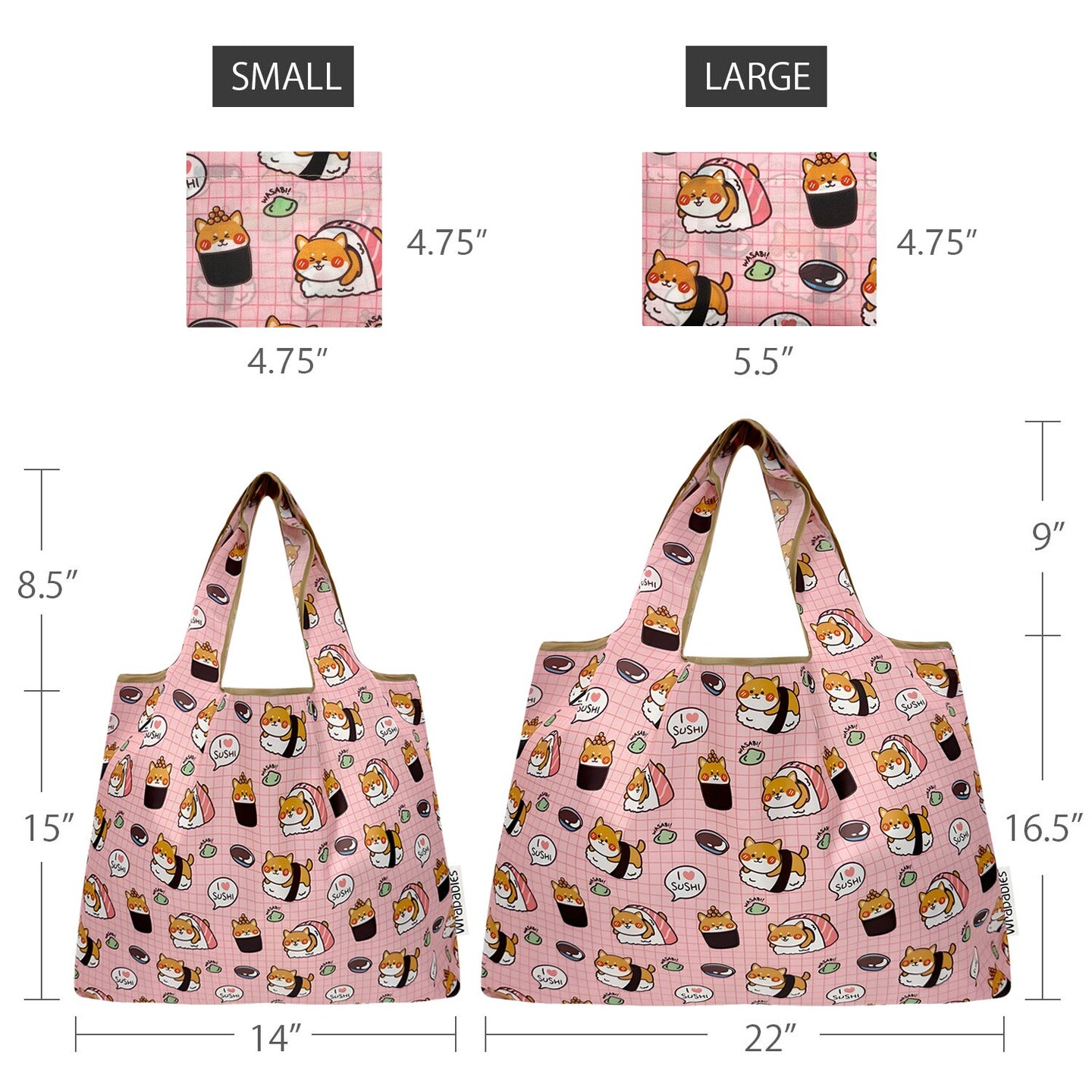 Wrapables Large &#x26; Small Foldable Tote Nylon Reusable Grocery Bags, Set of 2, Doggy Sushi