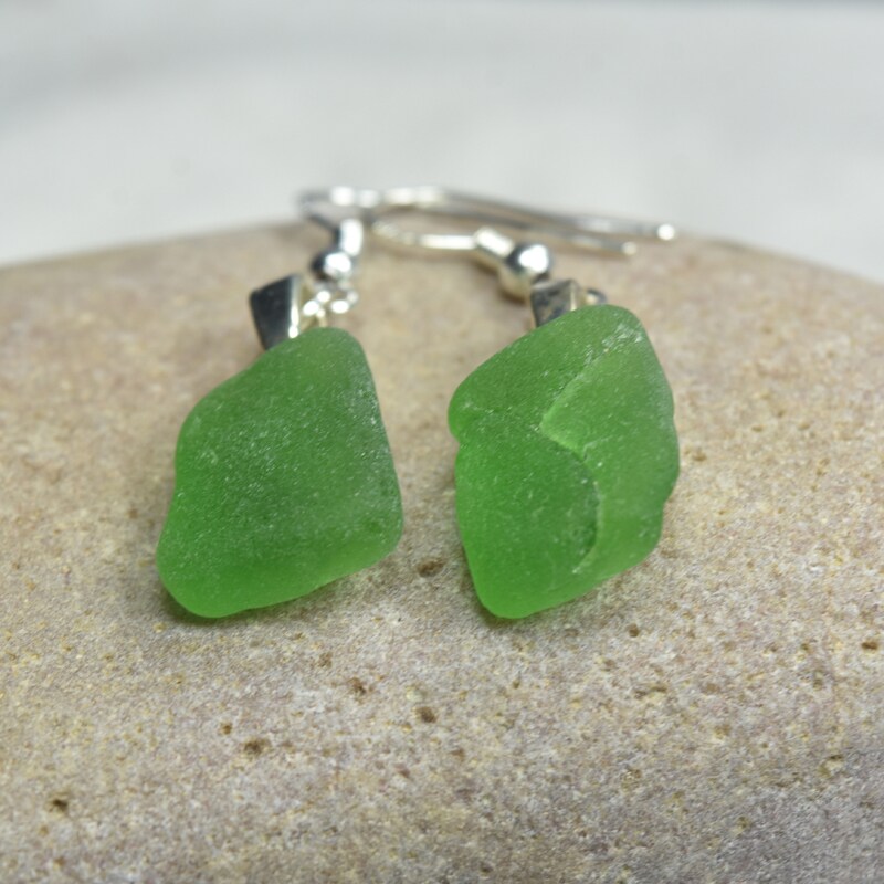 Pair of Genuine Surf Tumbled Dangling  Green Sea Glass Earrings - (1 Set) - Made to Order product 6