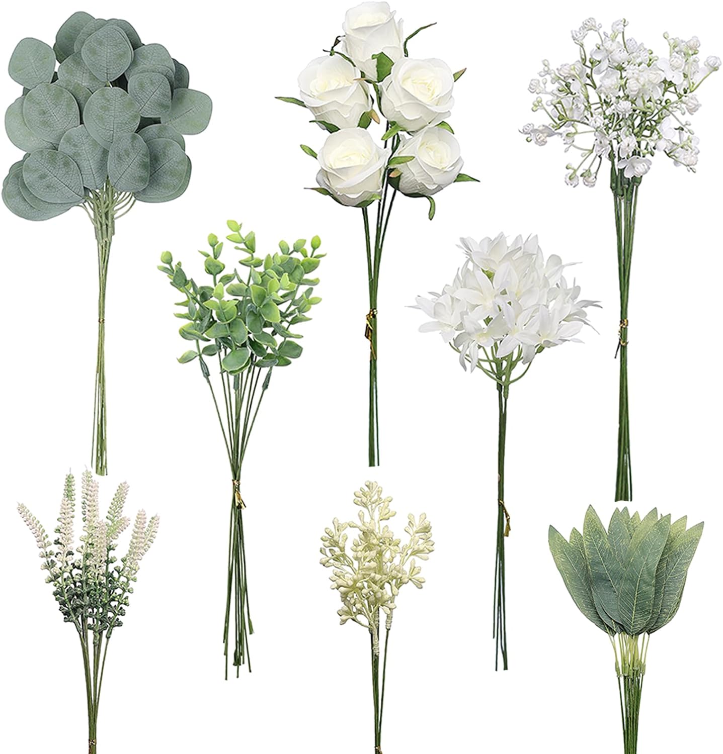 Artificial Greenery Stems Box Set(Pack of 75pcs) with 8 Kinds of Faux Plants and Fake Flowers