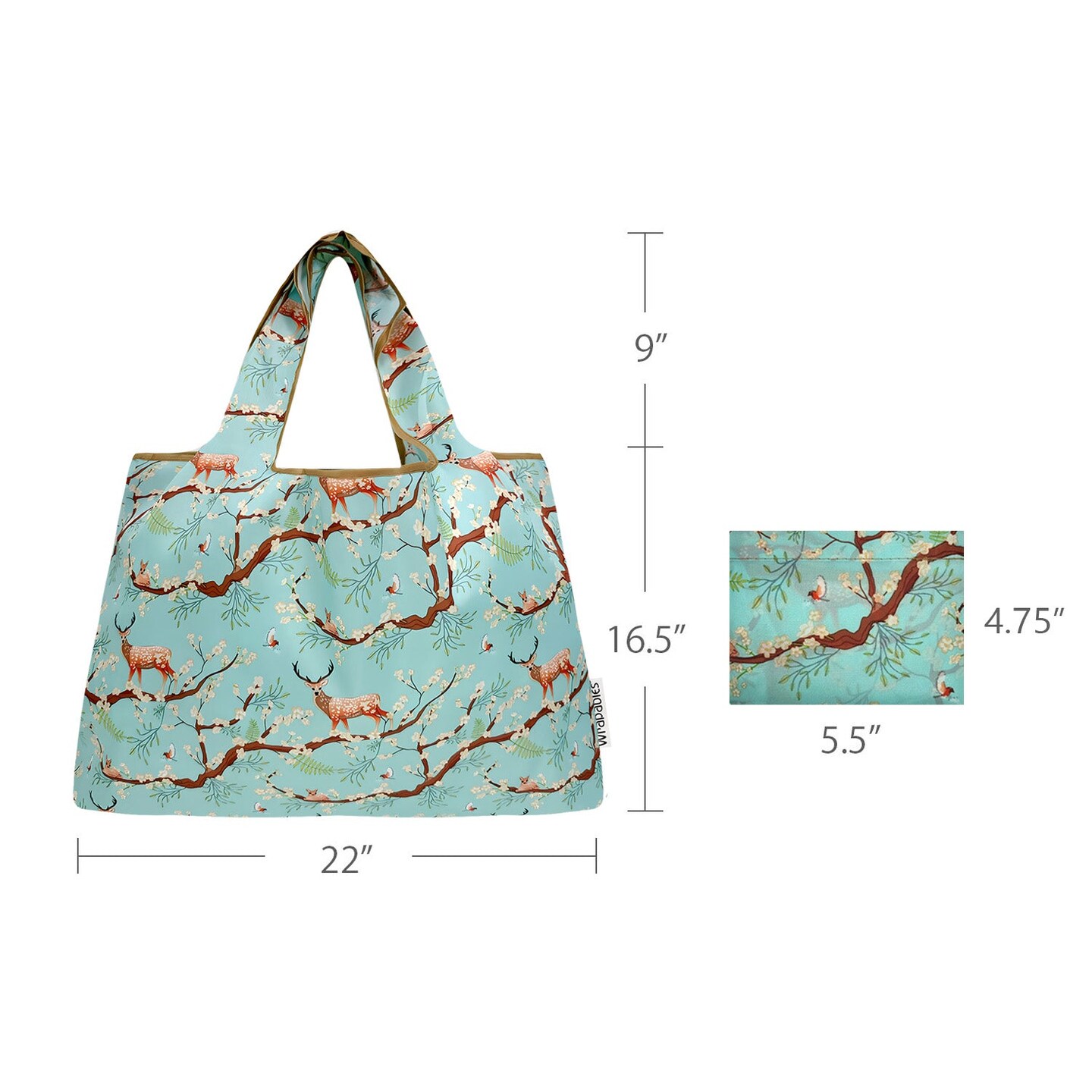 Wrapables Large Foldable Tote Nylon Reusable Grocery Bags, Floral Deer