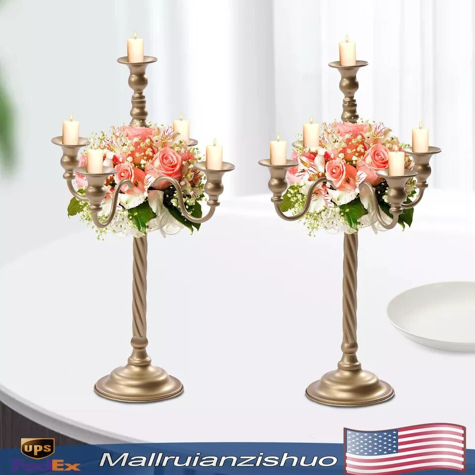 2 Pcs Gold Candelabra Candle Holder Centerpieces for Tables 5 Head Tall Candles