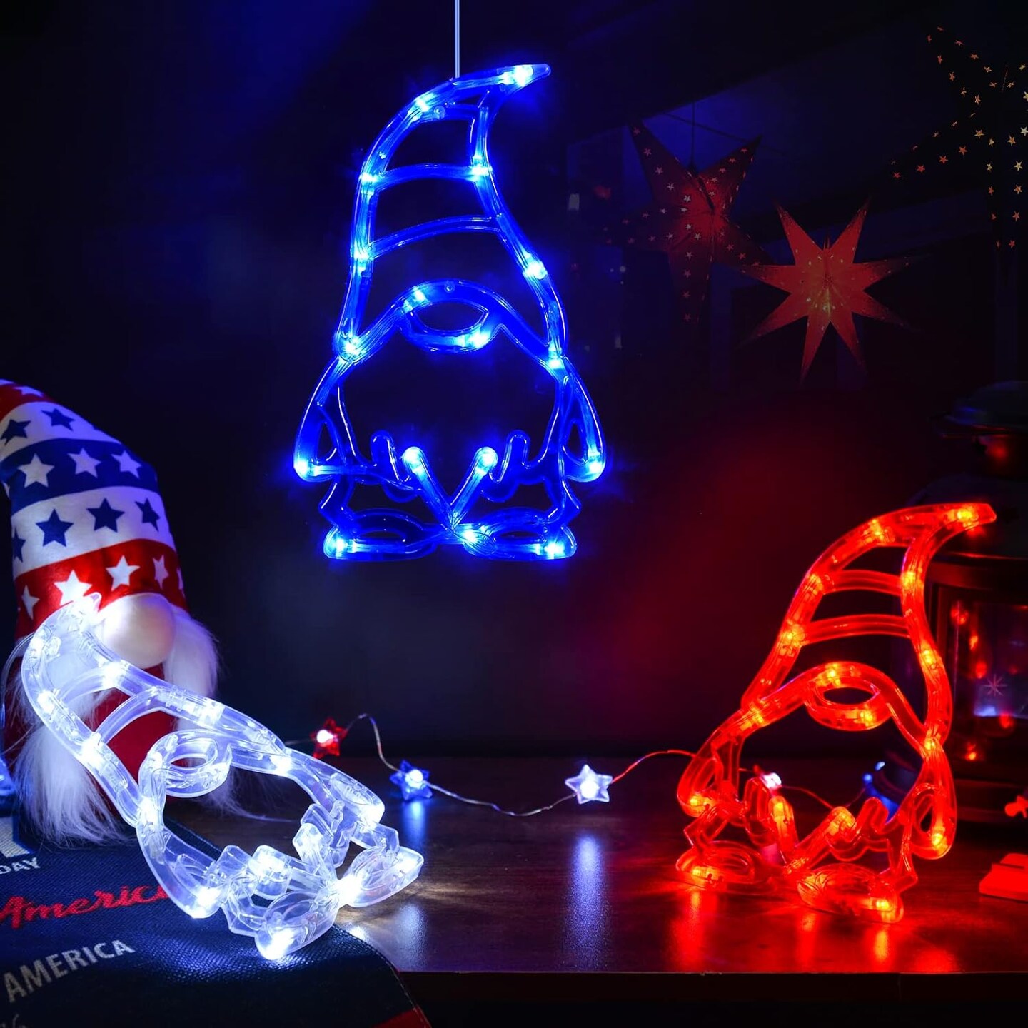 3 pack of battery-powered indoor gnome window lights for the Fourth of July.