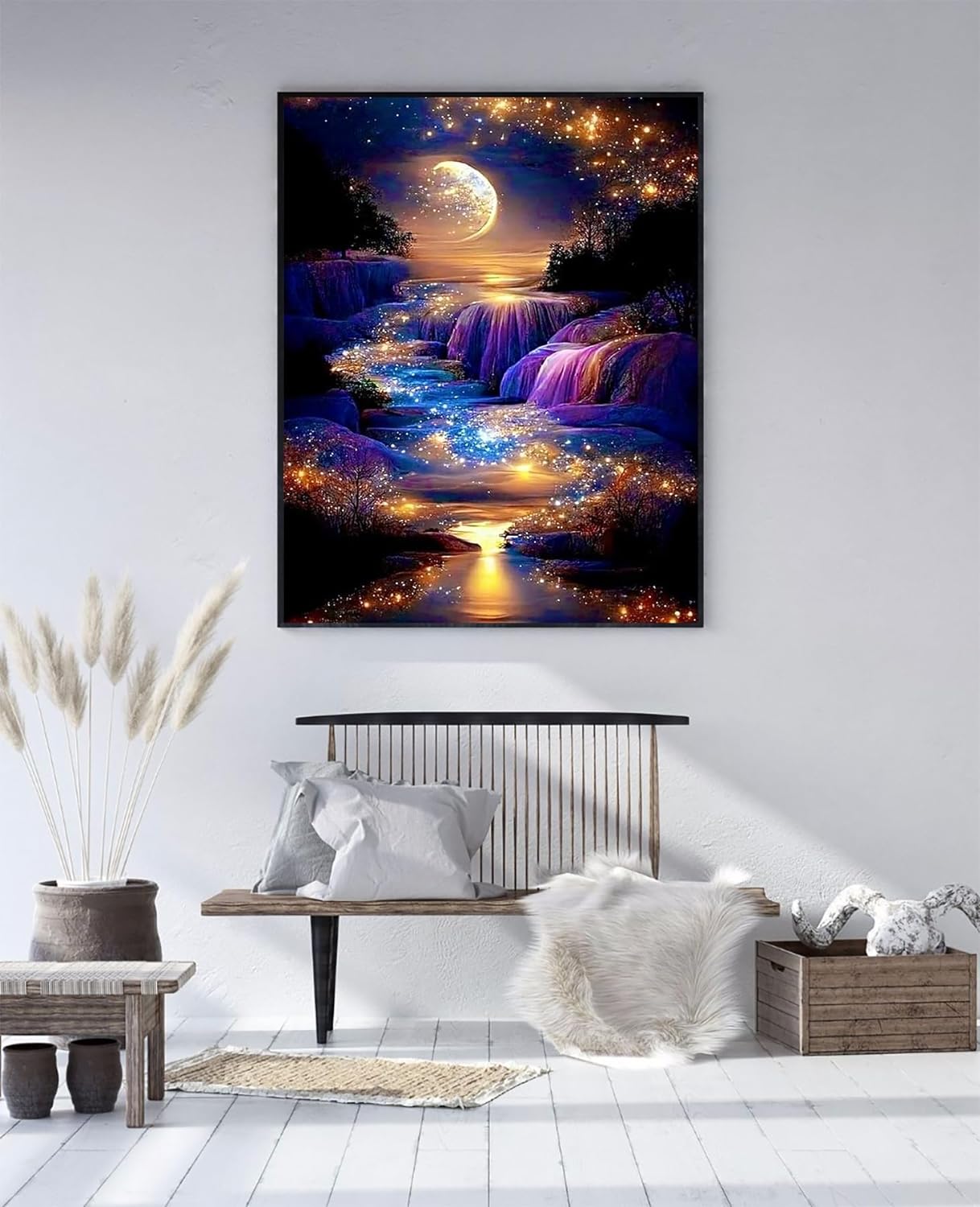 5D Diamond Painting Kits for Adults Beginners, Moonlight Waterfall Diamond Art Kits, DIY Full Round Drill Night Moon Landscape Paint with Diamonds Gem Art, Home Wall Decor 12 x 16 Inch