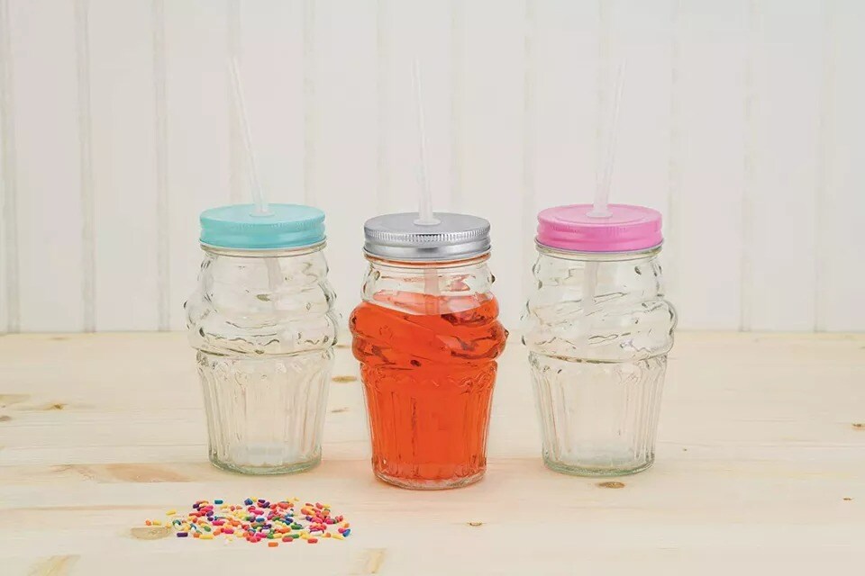 Amici Home Ice Cream Mason Jar Set of 3, Glass Drinking Jar, 16 Ounce - Pink