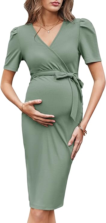 Summer Maternity Knit V Neck Dress-M-Green