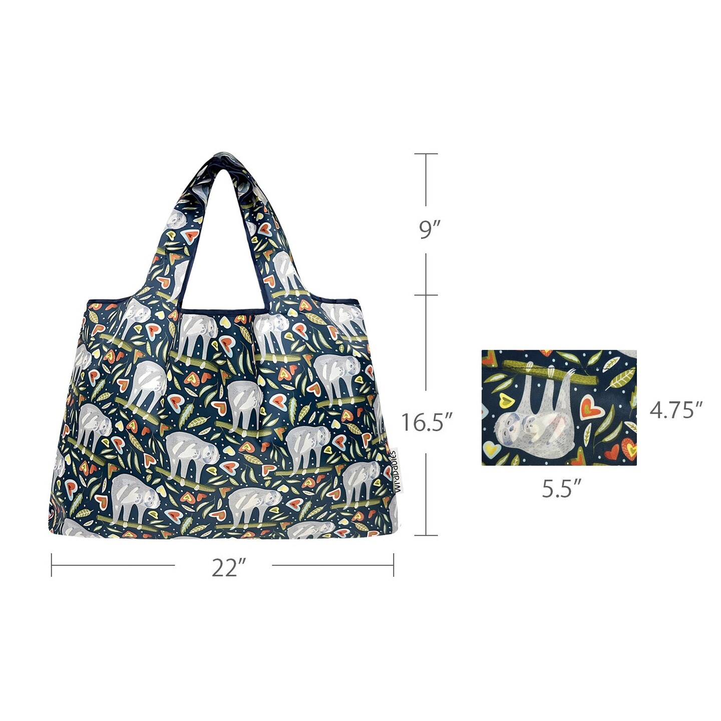 Wrapables Large Foldable Tote Nylon Reusable Grocery Bags, Love Sloths
