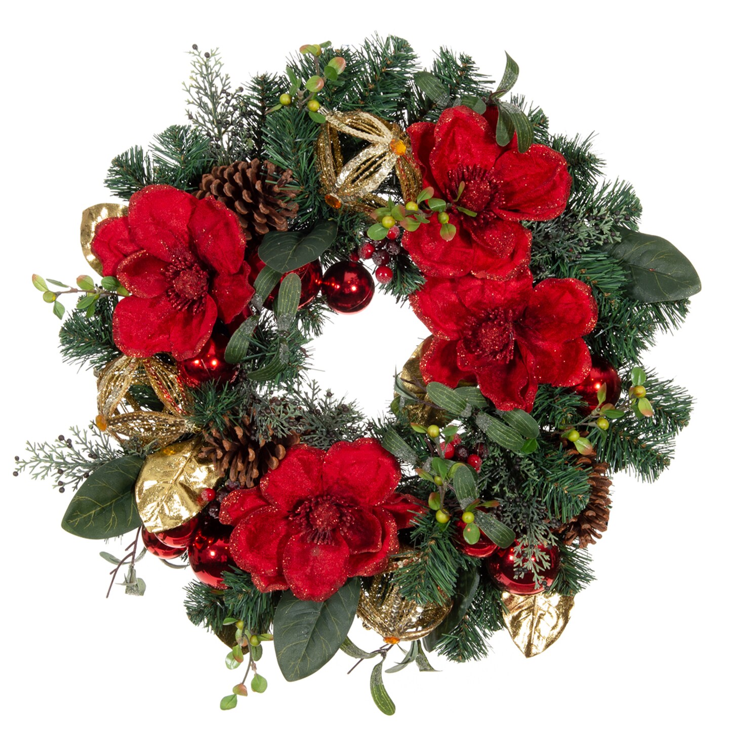 Lighted Christmas Wreath - Red Magnolia