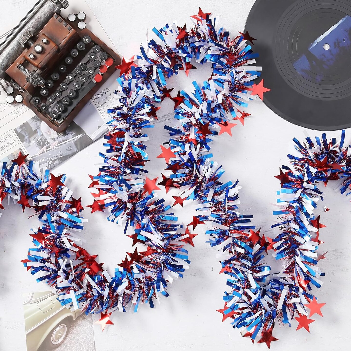 50 Feet Patriotic Tinsel Garland 4th of July Tinsel Garland Decoration
