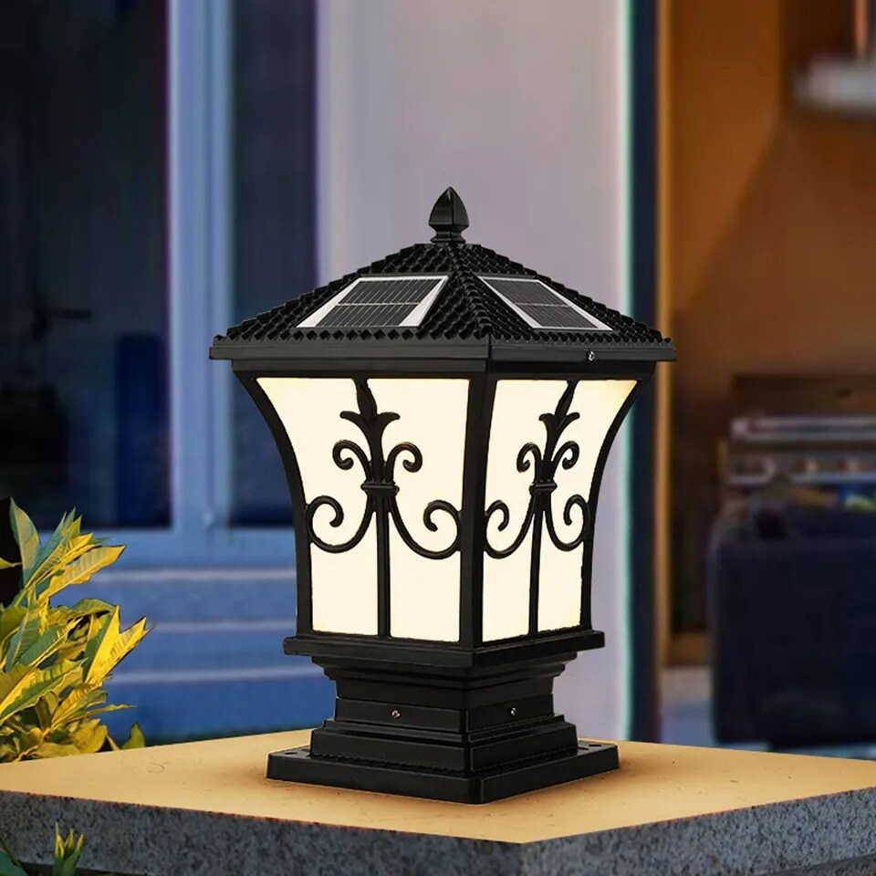 Solar Powered LED Post Light Stylish Black Outdoor Pillar Lamp for Garden Lawn