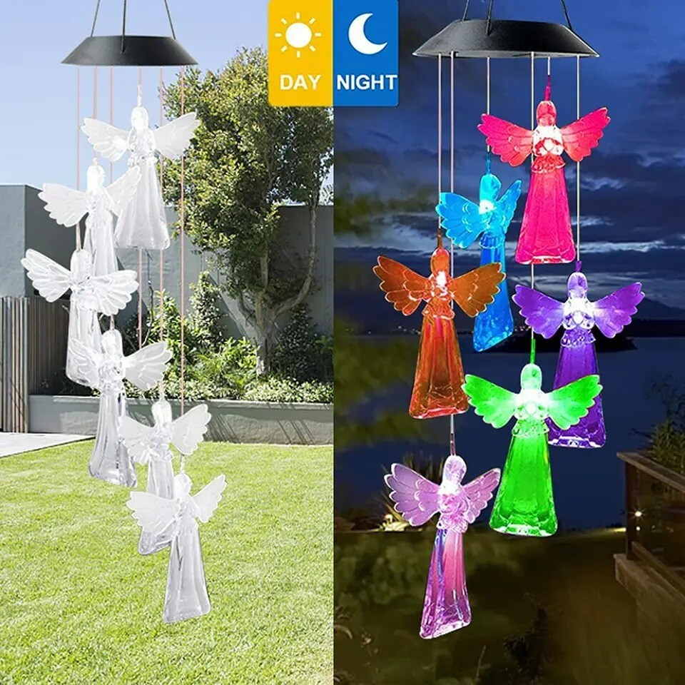 Solar Wind Chimes Lights LED Angels Color Changing Garden Lawn Hanging Lamp Deco