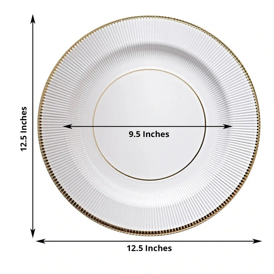 WHITE GOLD 25 Round 13&#x22; PAPER CHARGER PLATES Metallic Rim Party Events Tableware